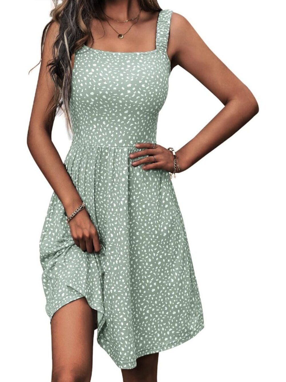 Women's Summer Square Neck Dress with Pocket Sleeveless Green Floral High Waist